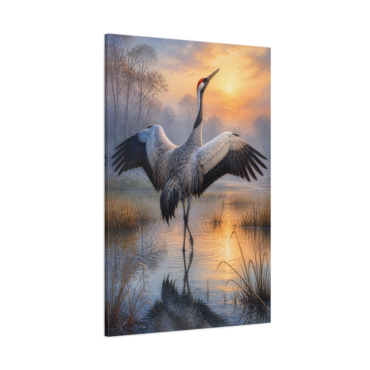 Side Mockup 1. Crane At Dawn Animals shown as canvas print