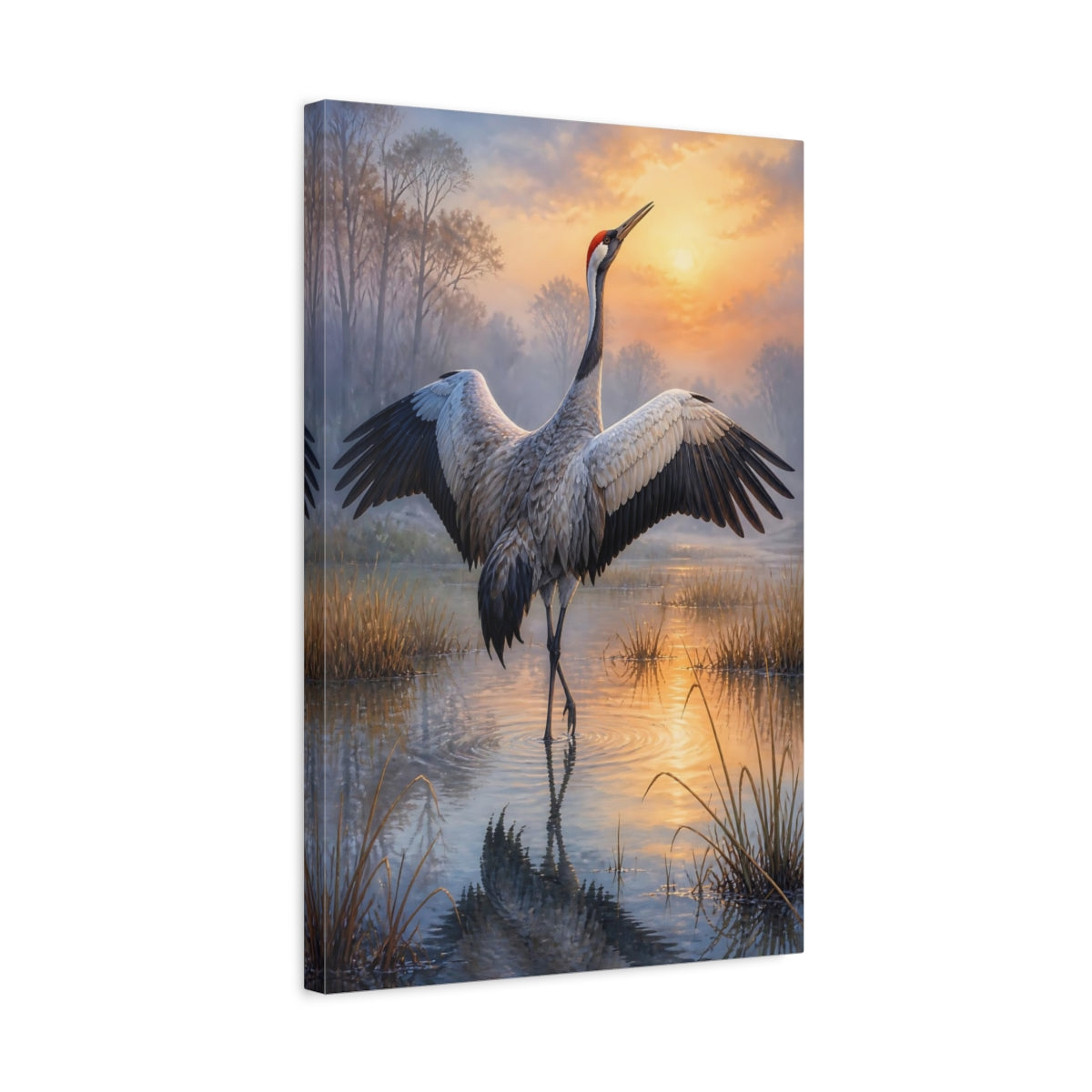 Side Mockup 3. Crane At Dawn Animals shown as canvas print