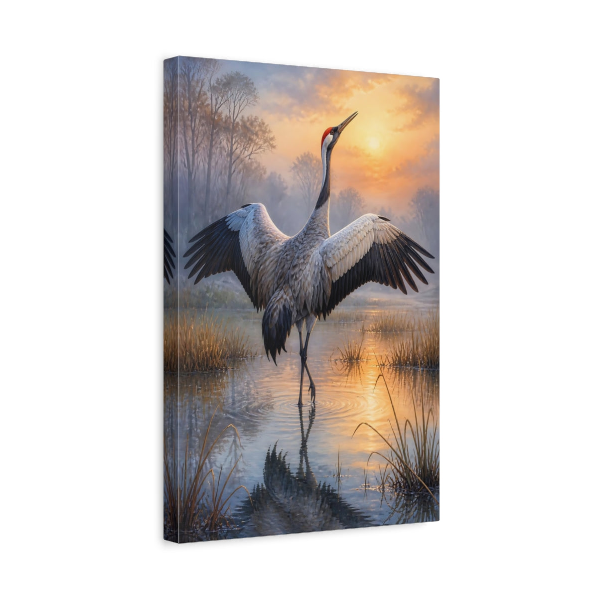 Side Mockup 4. Crane At Dawn Animals shown as canvas print