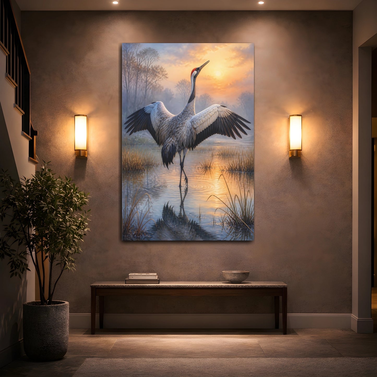 Mockup 2. Crane At Dawn Animals shown as canvas print