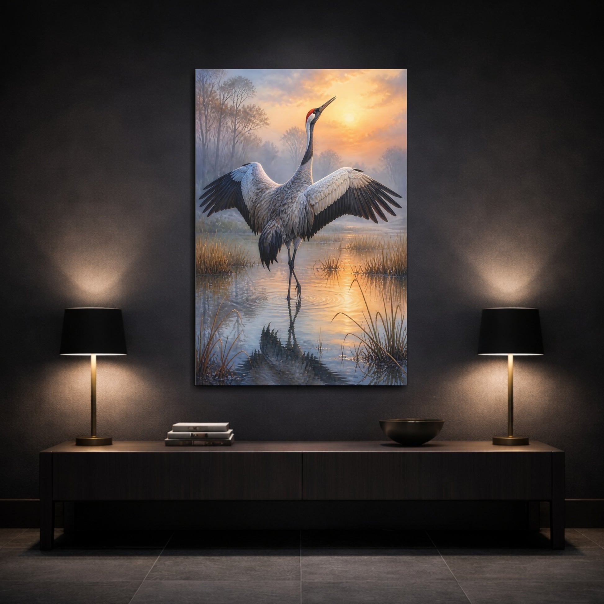 Mockup 3. Crane At Dawn Animals shown as canvas print