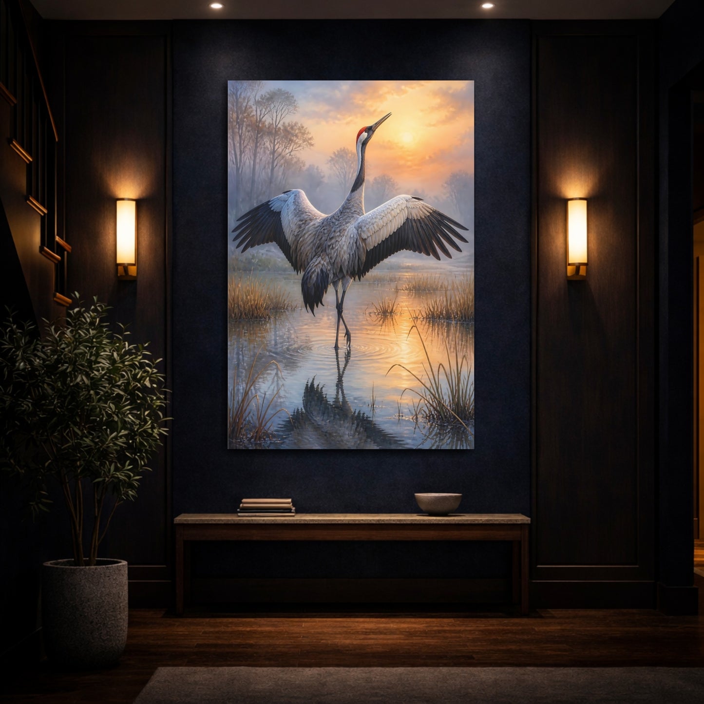 Mockup 4. Crane At Dawn Animals shown as canvas print