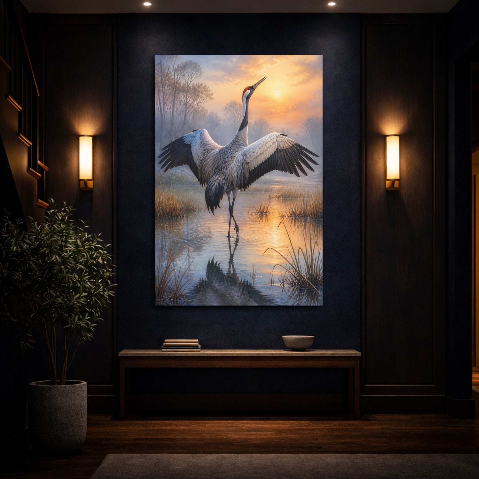 Mockup 4. Crane At Dawn Animals shown as canvas print