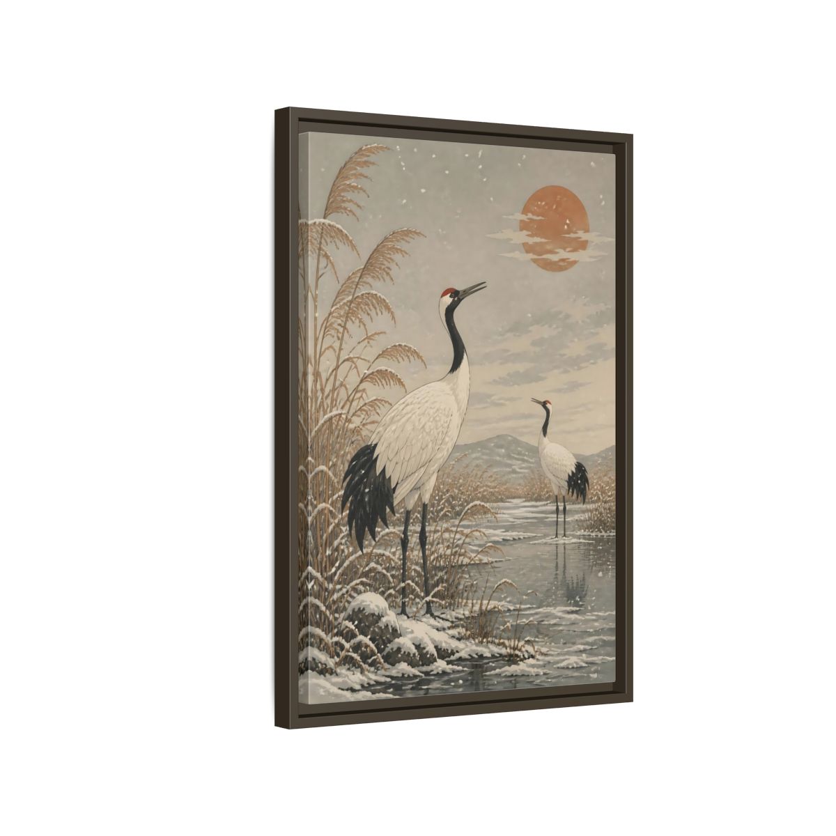 Side Mockup 2. Cranes At Winter Marsh shown as framed canvas print