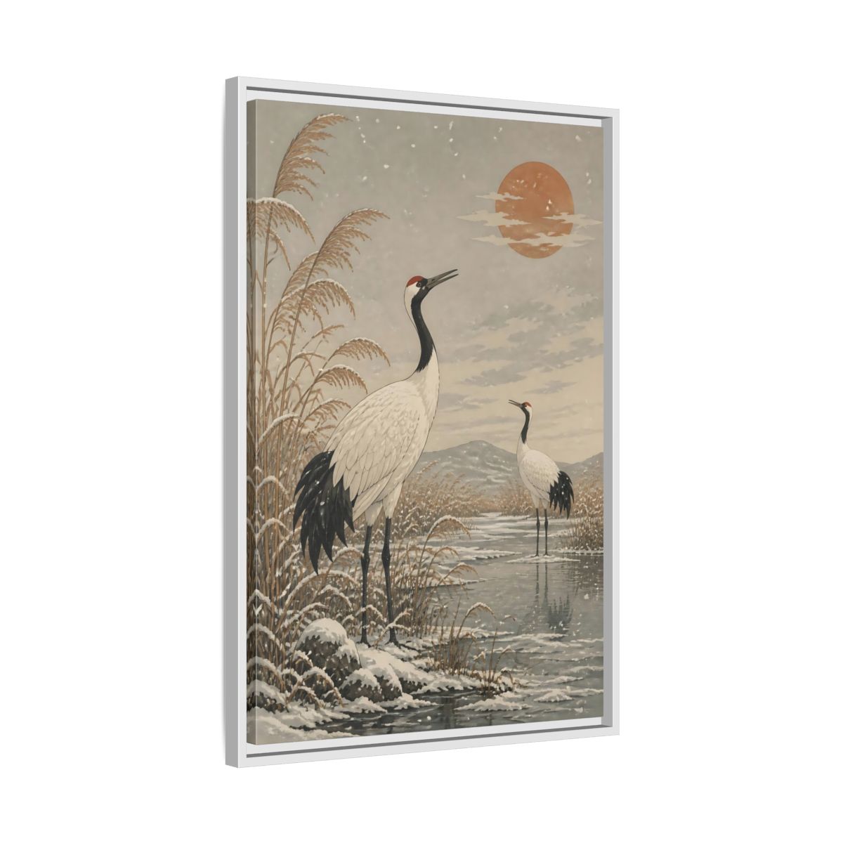 Side Mockup 10. Cranes At Winter Marsh shown as framed canvas print