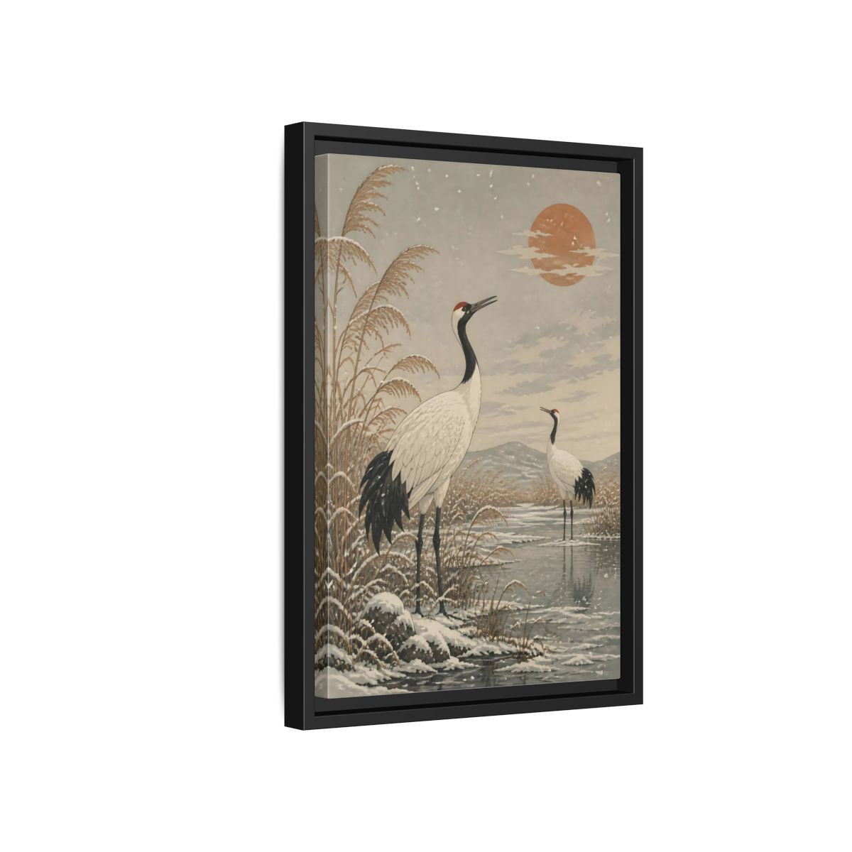 Side Mockup 6. Cranes At Winter Marsh shown as framed canvas print