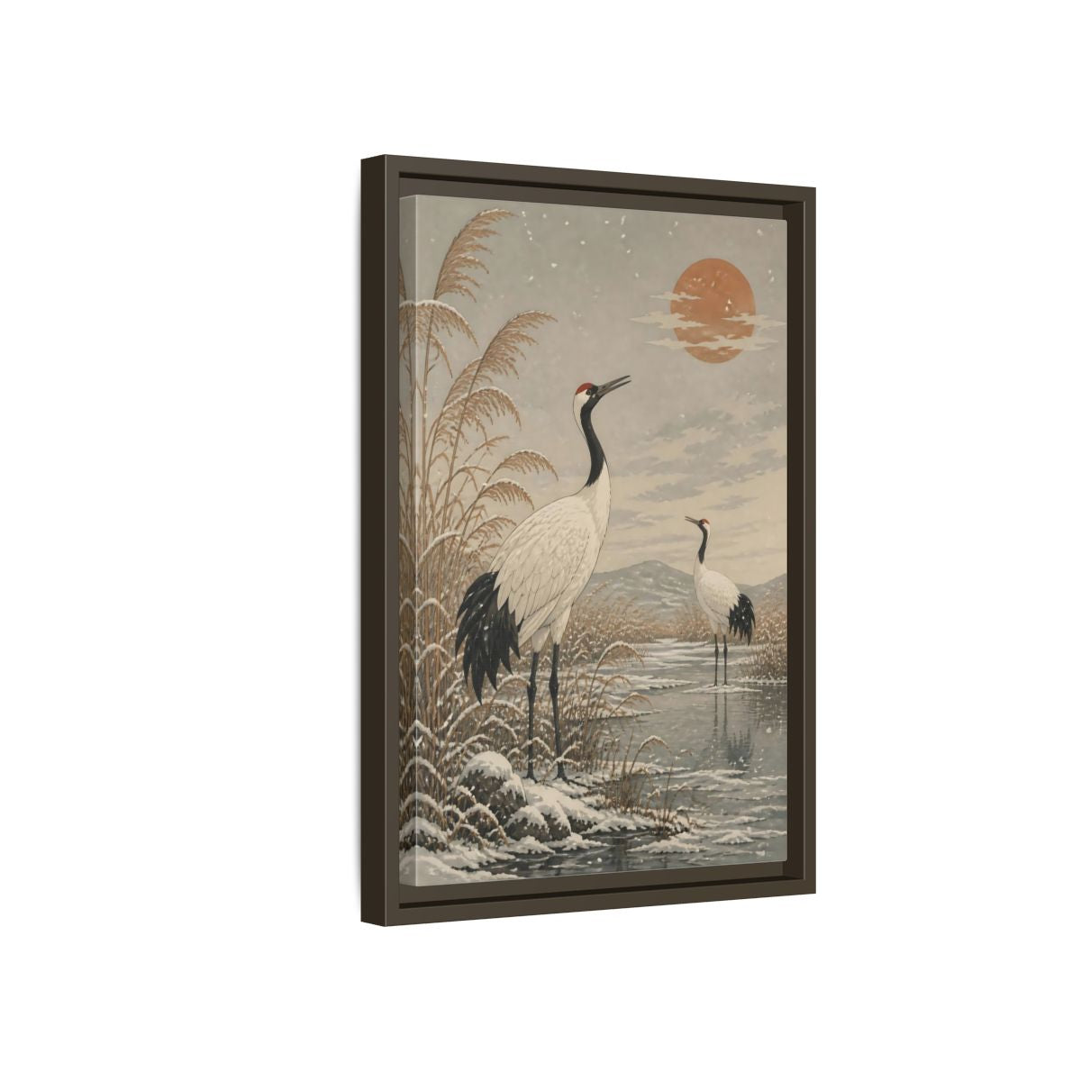 Side Mockup 5. Cranes At Winter Marsh shown as framed canvas print