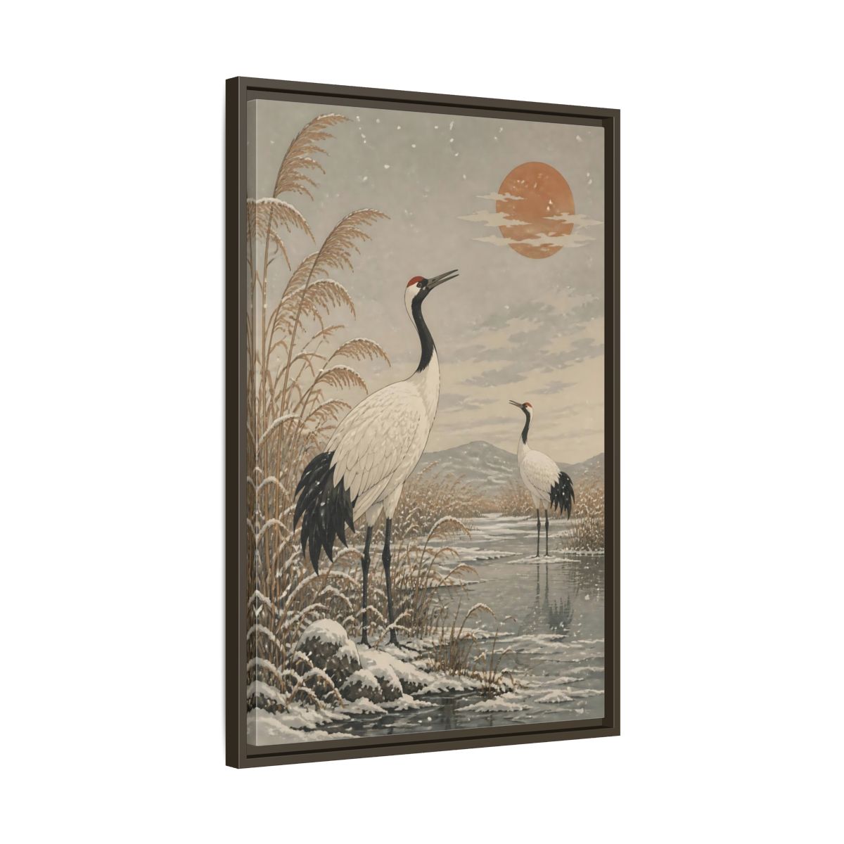 Side Mockup 11. Cranes At Winter Marsh shown as framed canvas print