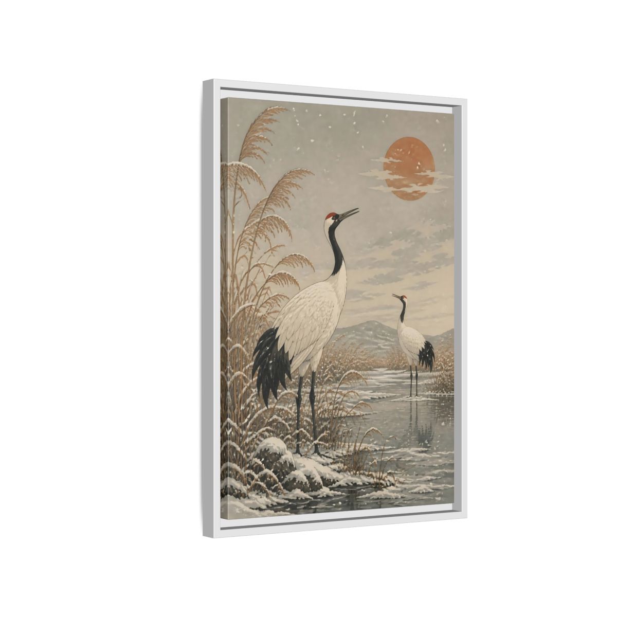 Side Mockup 1. Cranes At Winter Marsh shown as framed canvas print