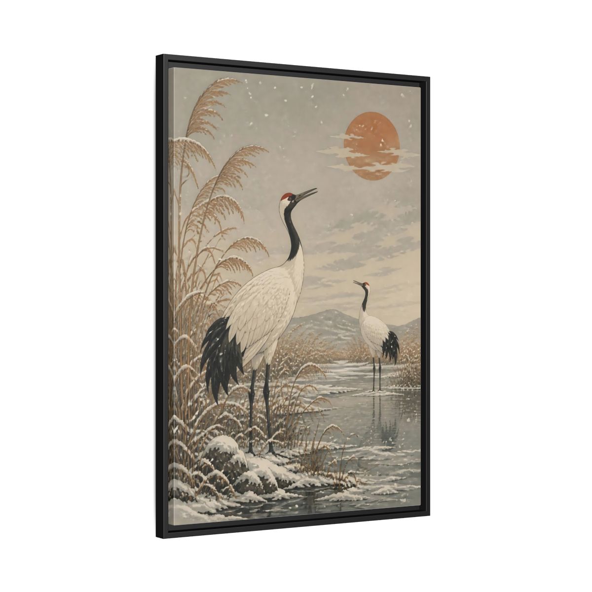 Side Mockup 13. Cranes At Winter Marsh shown as framed canvas print
