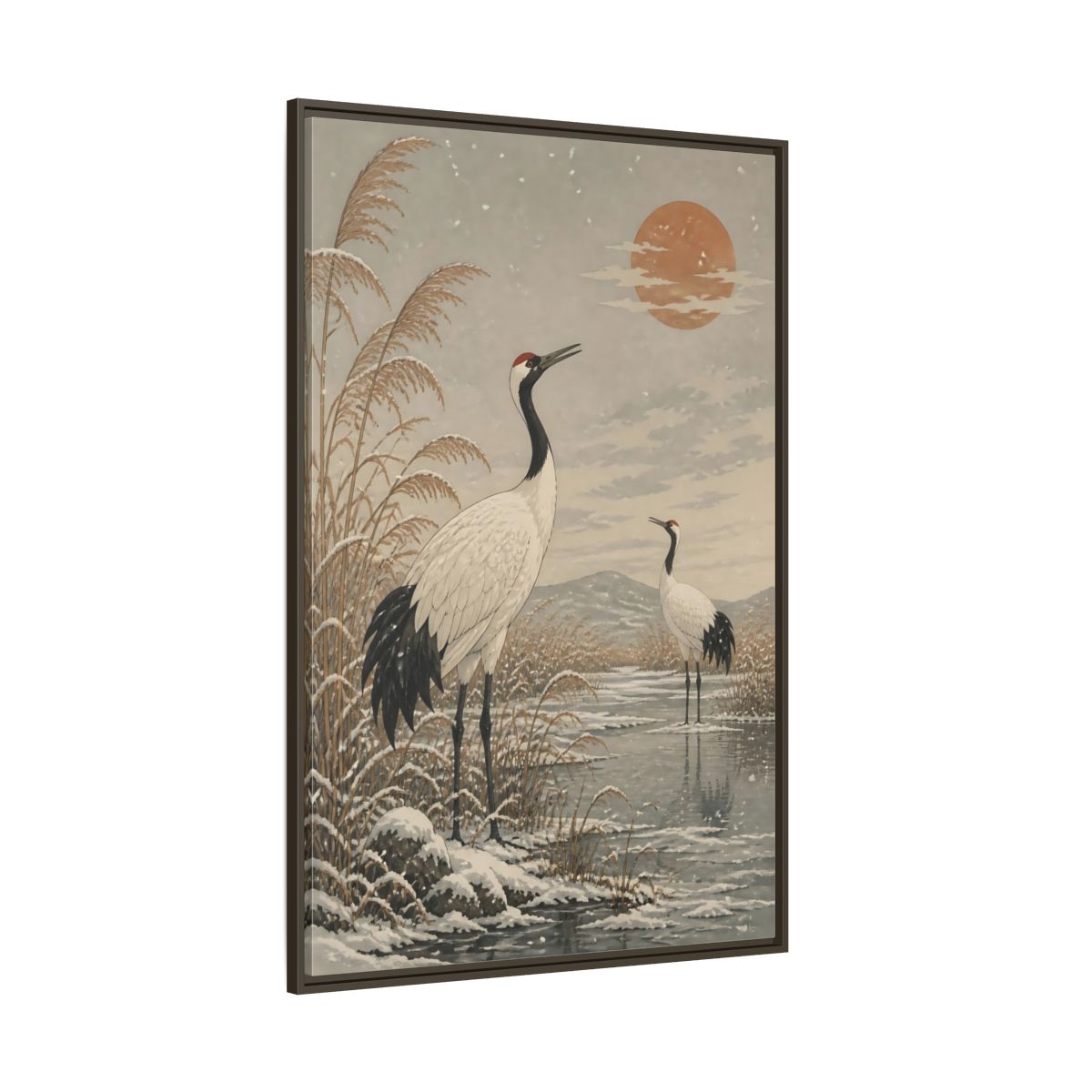 Side Mockup 8. Cranes At Winter Marsh shown as framed canvas print