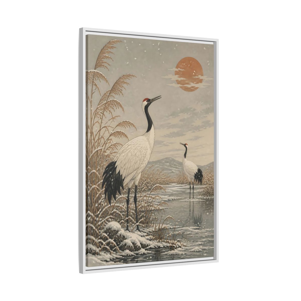 Side Mockup 9. Cranes At Winter Marsh shown as framed canvas print