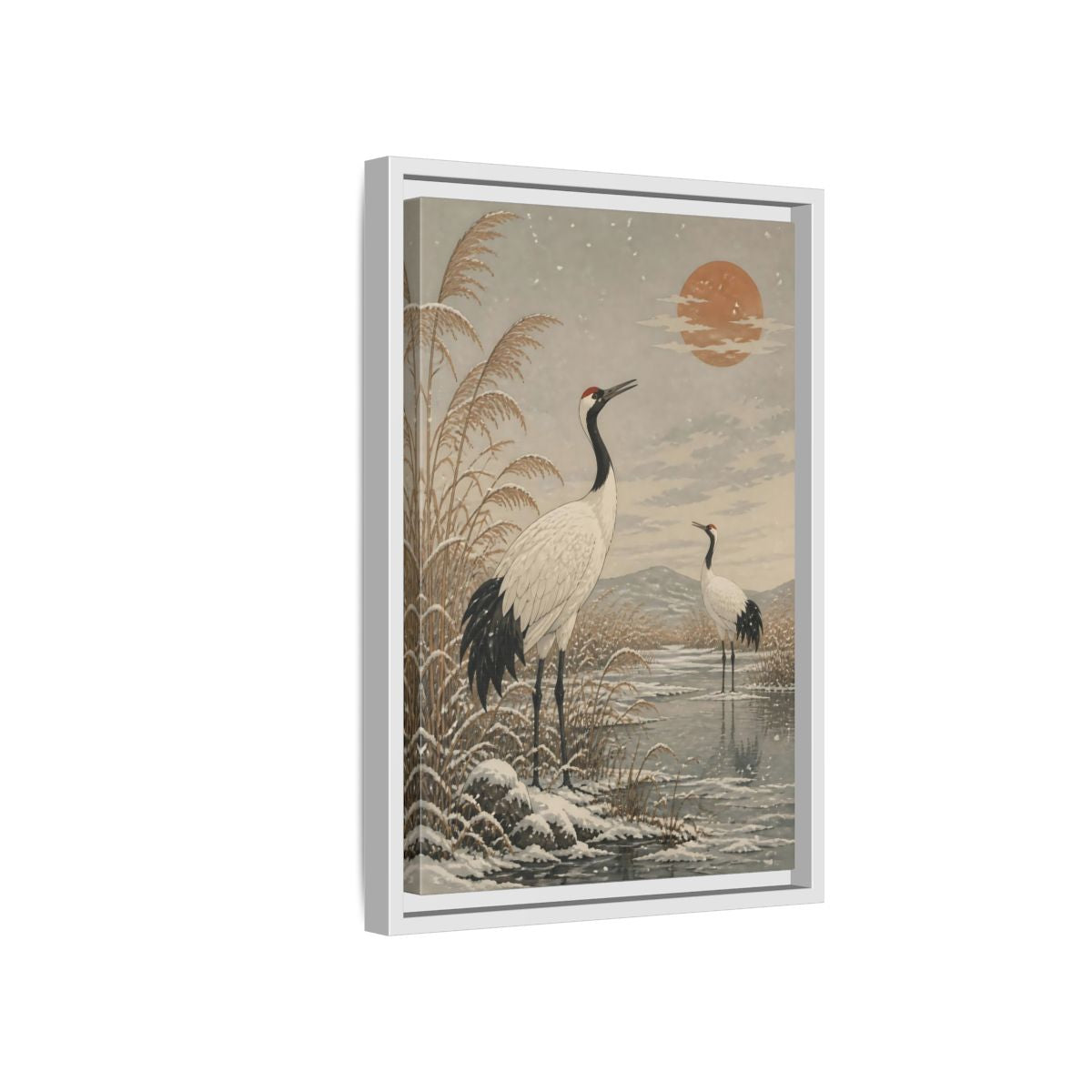 Side Mockup 4. Cranes At Winter Marsh shown as framed canvas print
