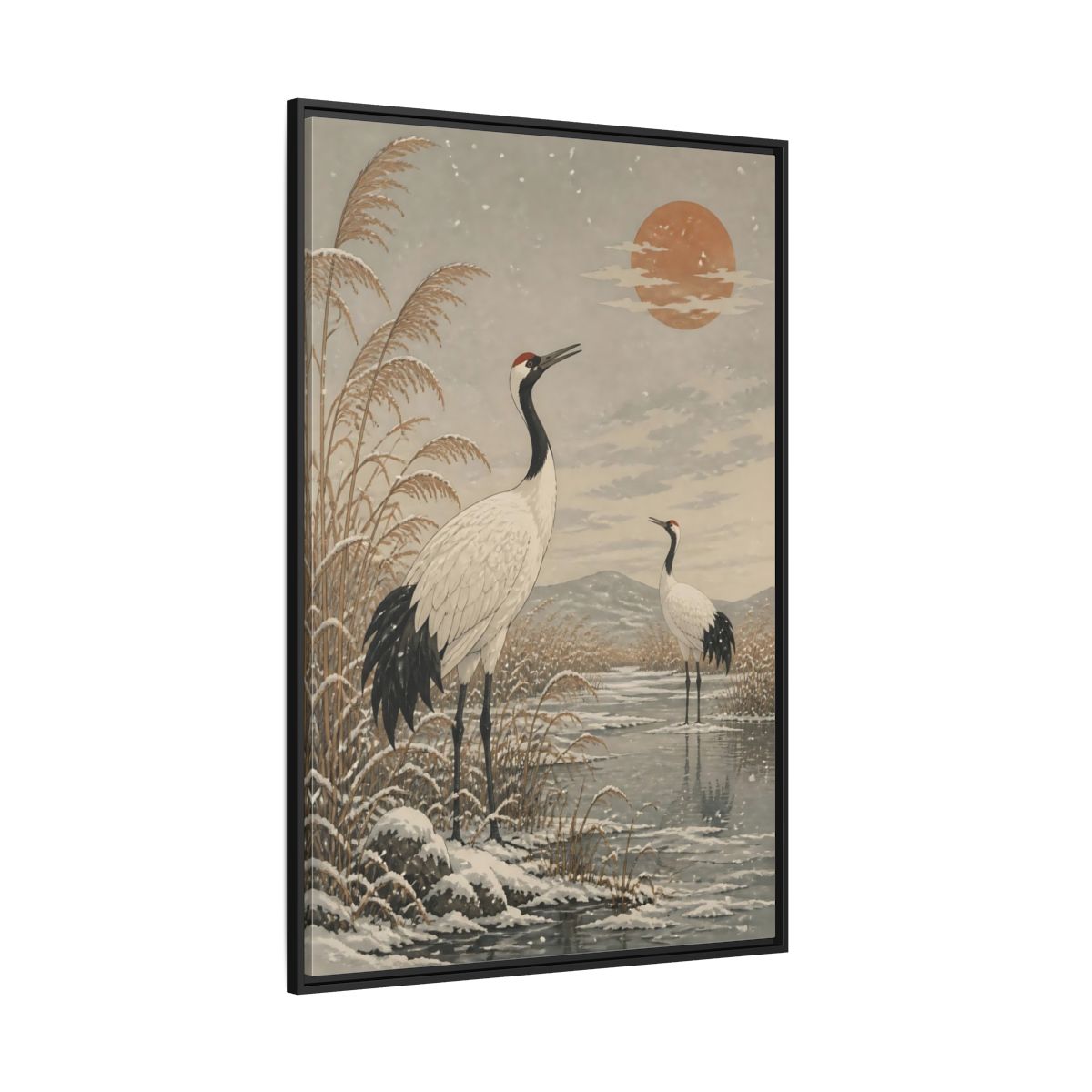 Side Mockup 12. Cranes At Winter Marsh shown as framed canvas print
