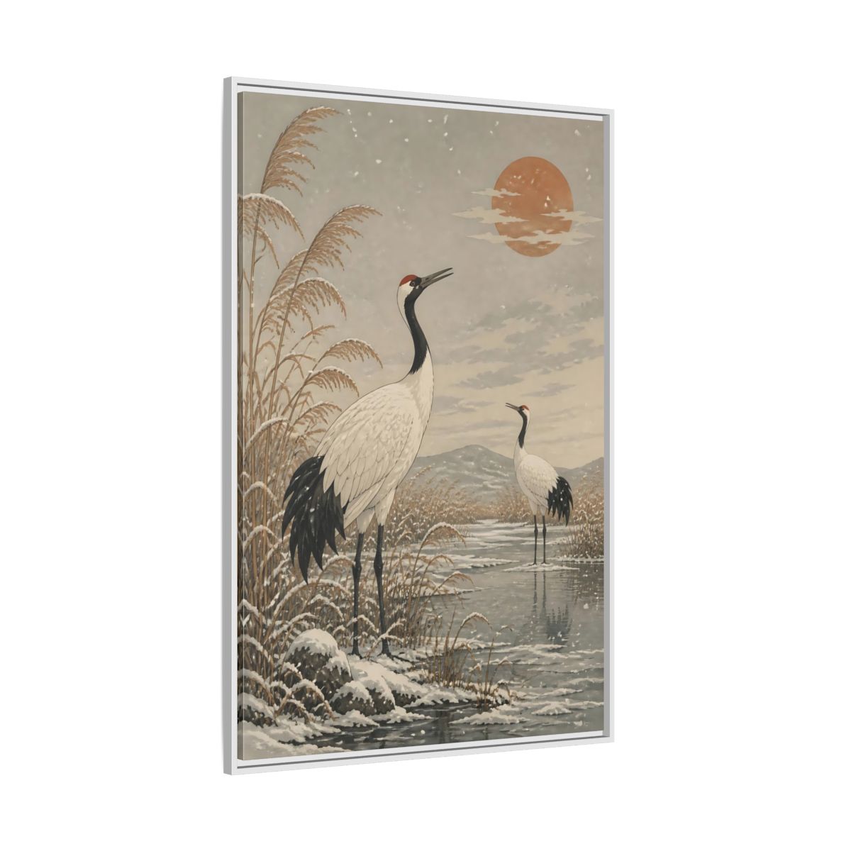 Side Mockup 7. Cranes At Winter Marsh shown as framed canvas print