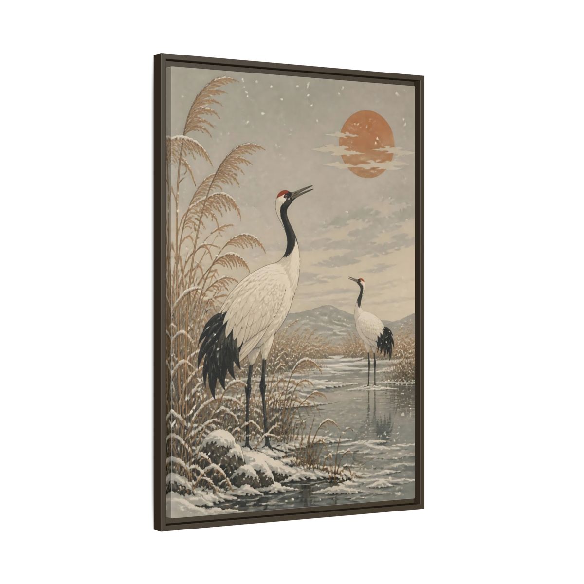 Main Mockup. Cranes At Winter Marsh shown as framed canvas print