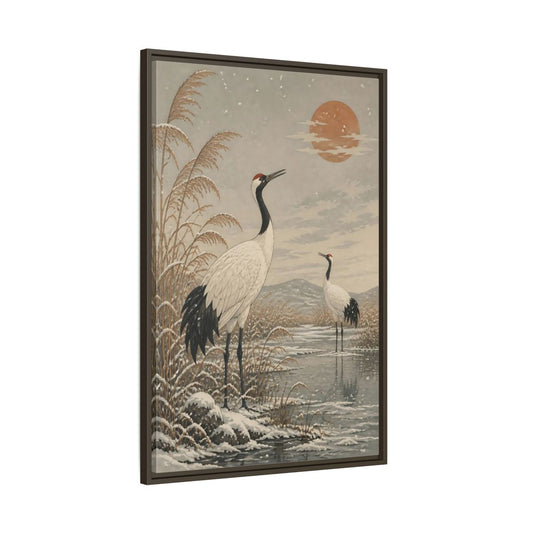 Main Mockup. Cranes At Winter Marsh shown as framed canvas print