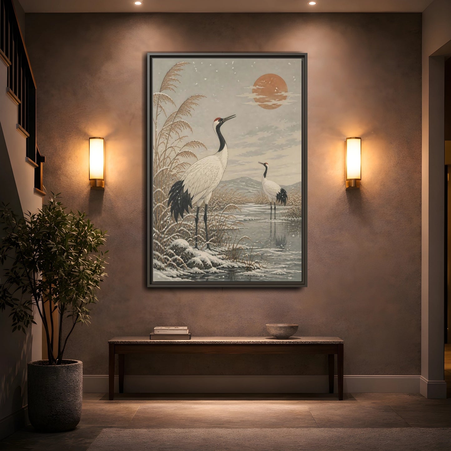 Mockup 2. Cranes At Winter Marsh shown as framed canvas print