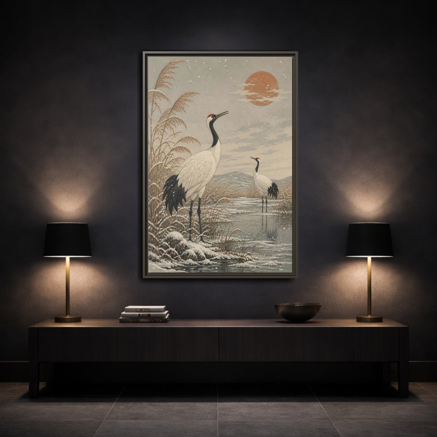 Mockup 3. Cranes At Winter Marsh shown as framed canvas print