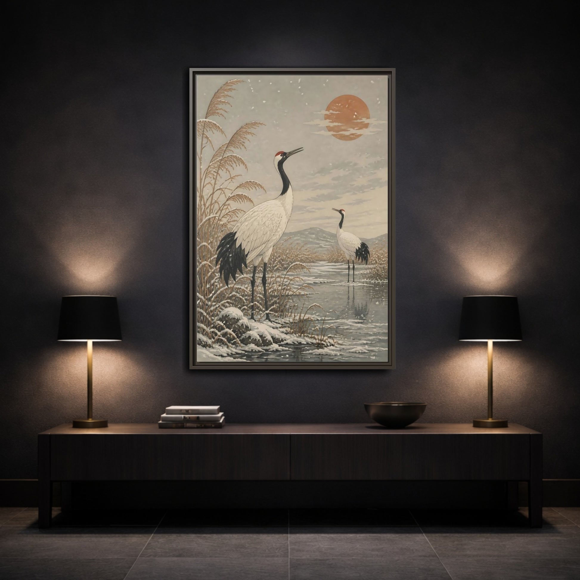 Mockup 3. Cranes At Winter Marsh shown as framed canvas print
