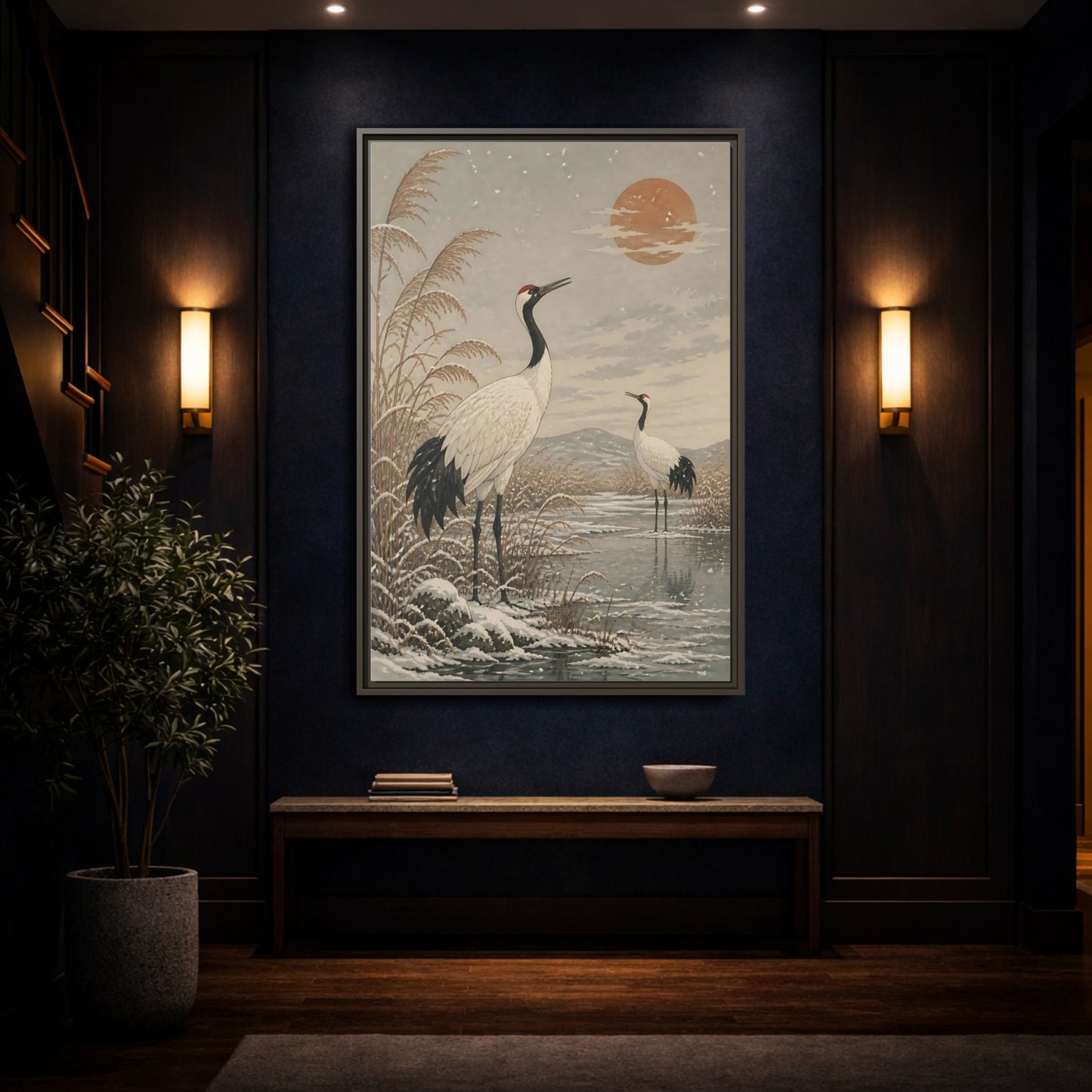 Mockup 4. Cranes At Winter Marsh shown as framed canvas print