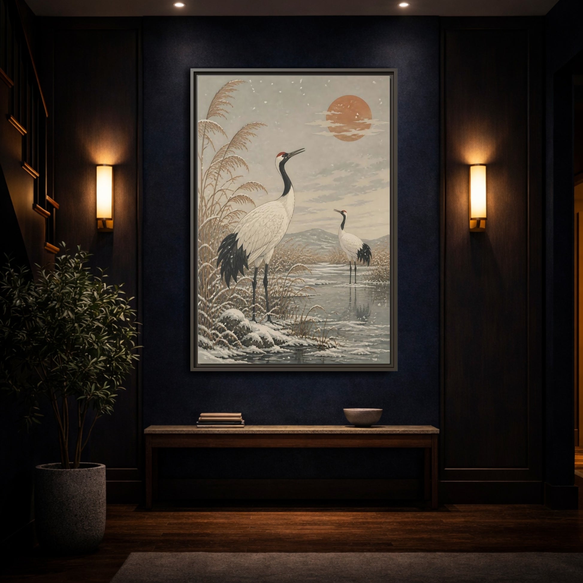 Mockup 4. Cranes At Winter Marsh shown as framed canvas print