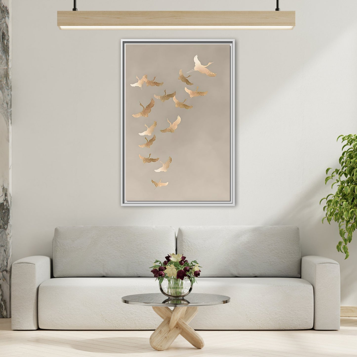 Cranes Canvas Wall Art Print - Japanese Bird Beige Gold - YesArtYes