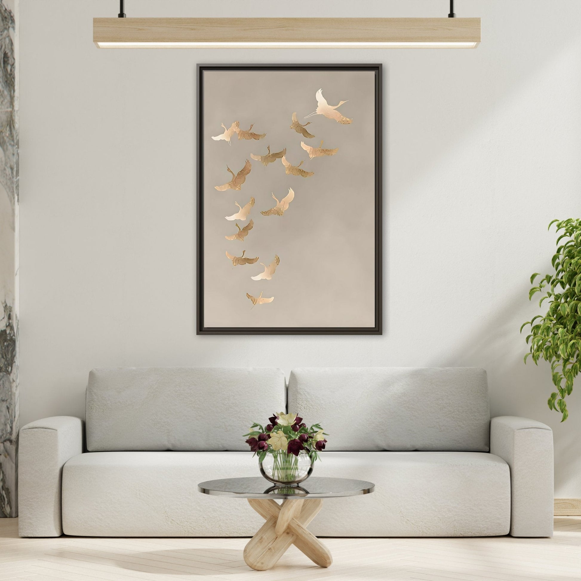 Cranes Canvas Wall Art Print - Japanese Bird Beige Gold