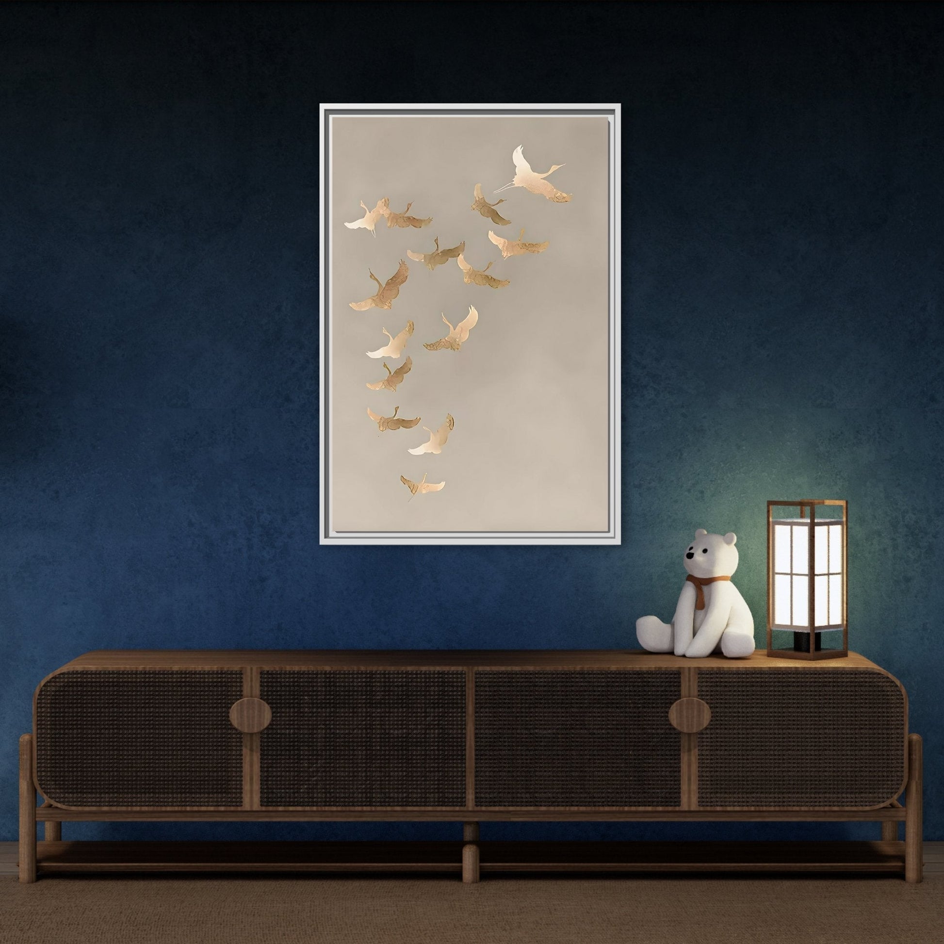 Cranes Canvas Wall Art Print - Japanese Bird Beige Gold