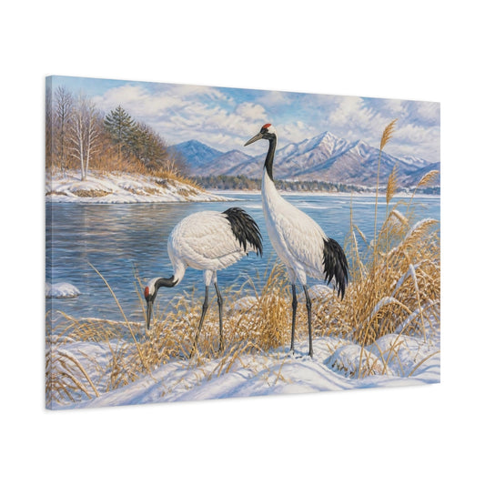 Main Mockup. Cranes In Winter Landscape shown as canvas print