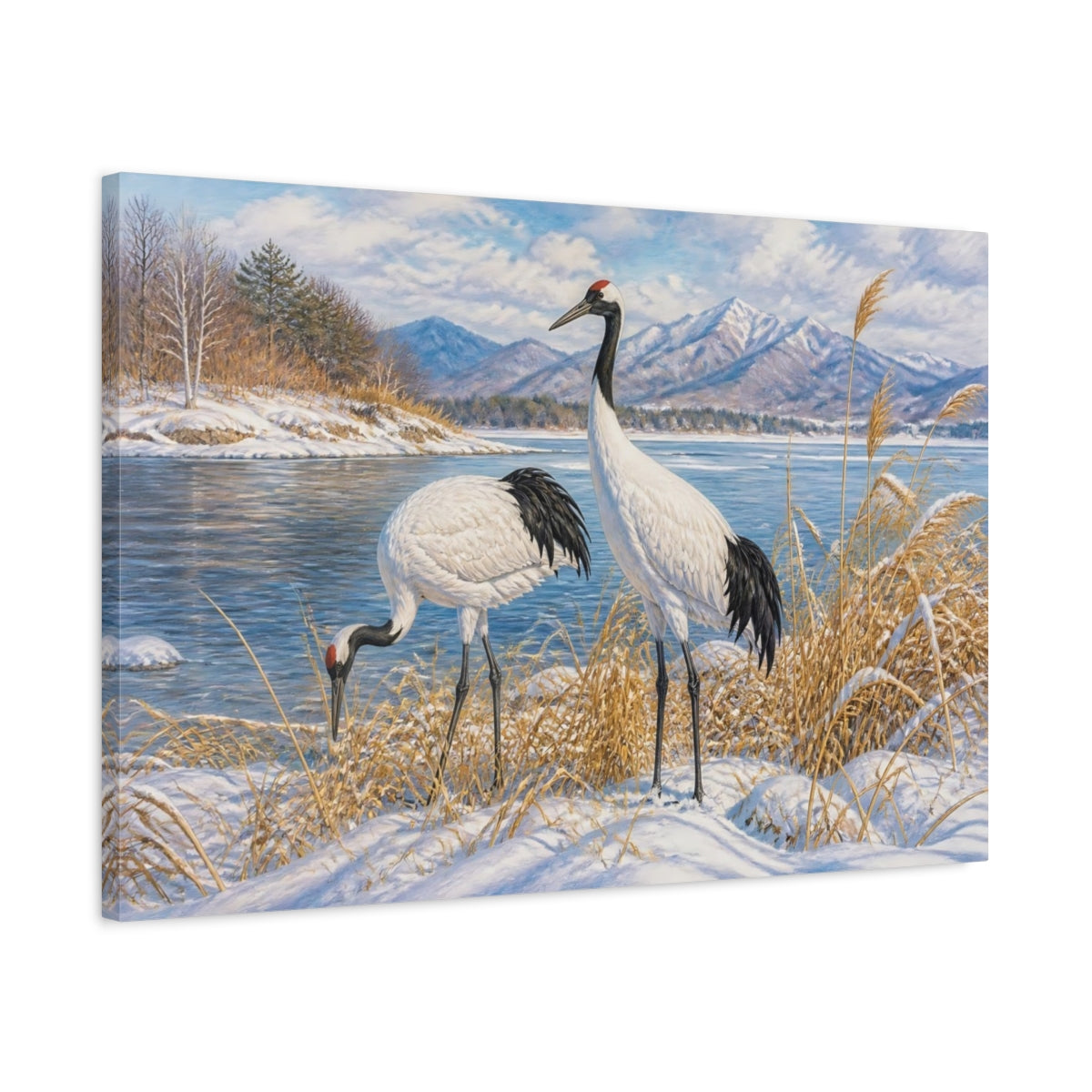 Side Mockup 2. Cranes In Winter Landscape shown as canvas print