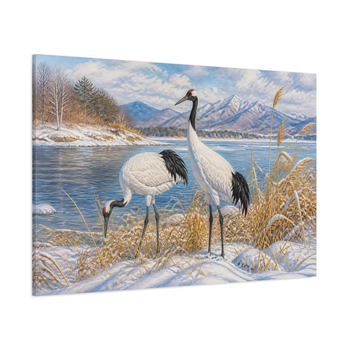 Side Mockup 1. Cranes In Winter Landscape shown as canvas print