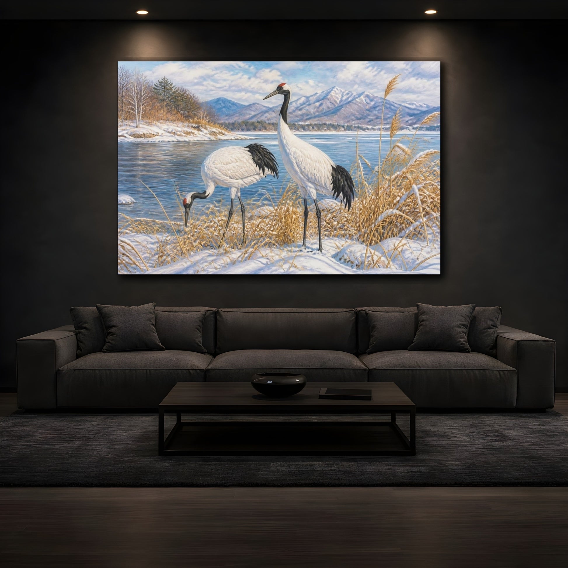 Mockup 3. Cranes In Winter Landscape shown as canvas print