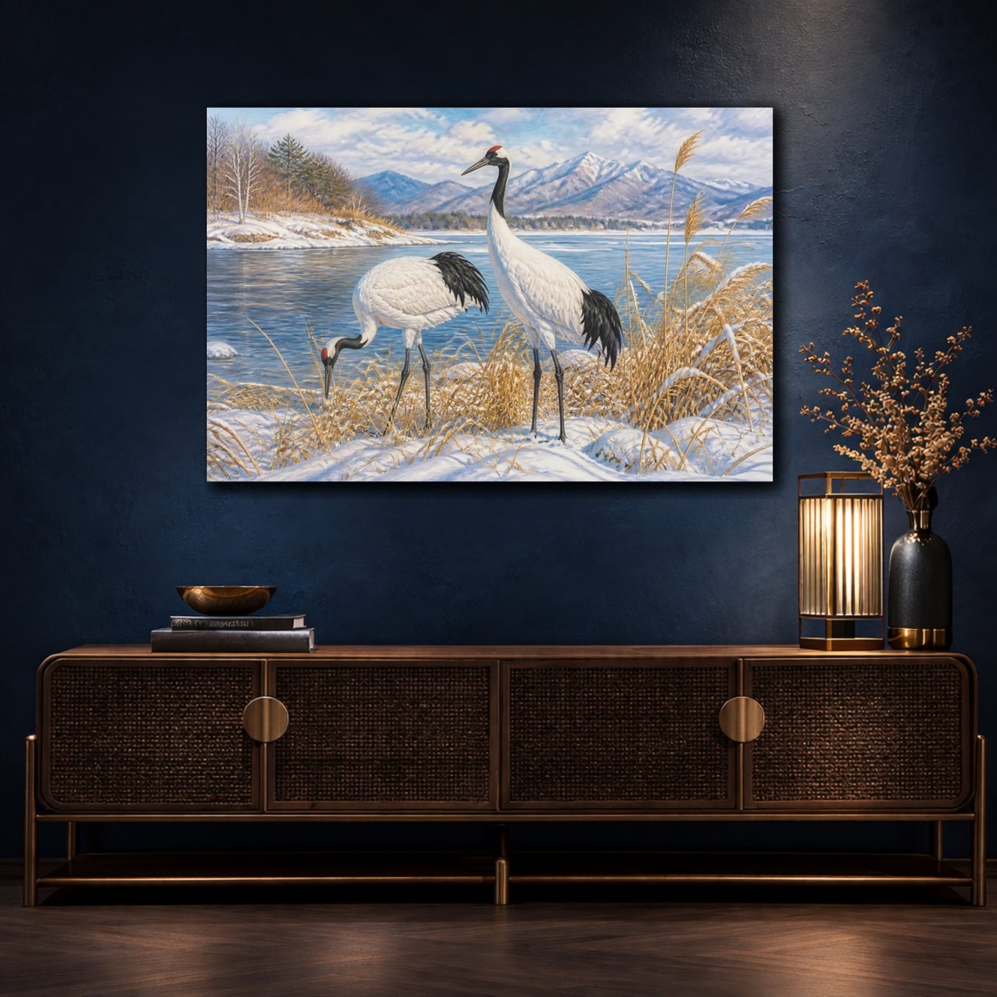 Mockup 4. Cranes In Winter Landscape shown as canvas print