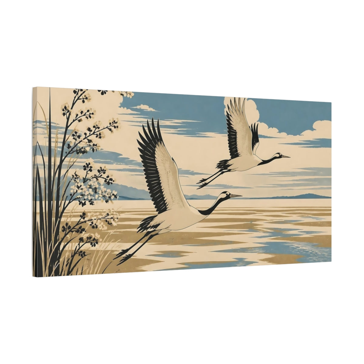 Main Mockup. Cranes Over Lake shown as canvas print
