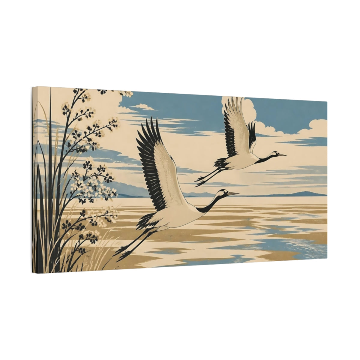 Side Mockup 1. Cranes Over Lake shown as canvas print