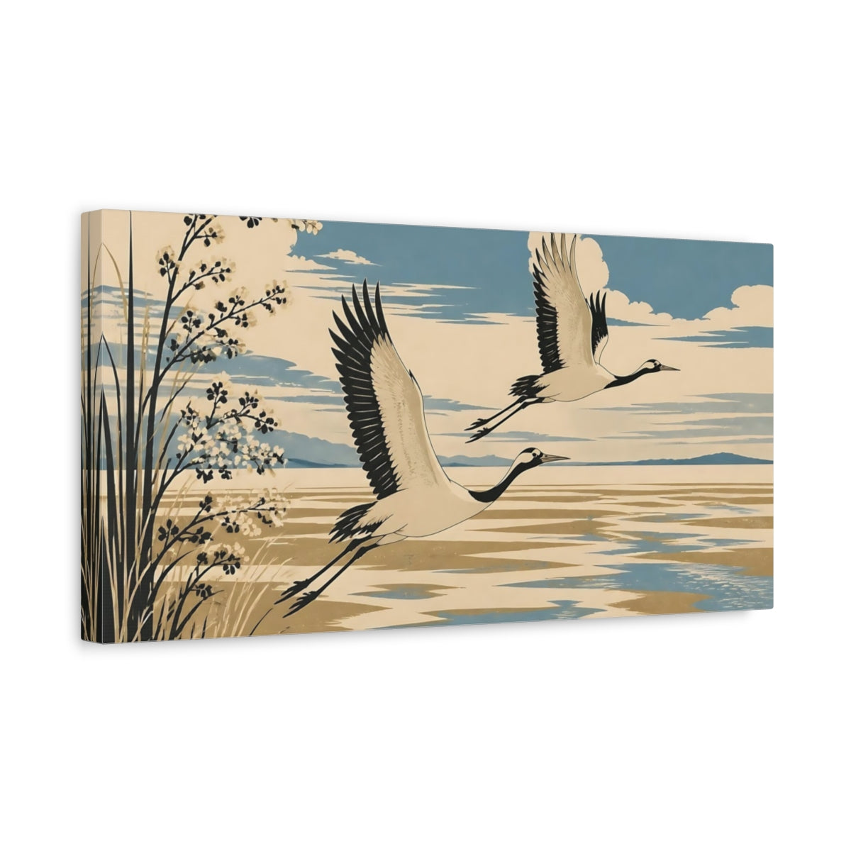 Side Mockup 3. Cranes Over Lake shown as canvas print