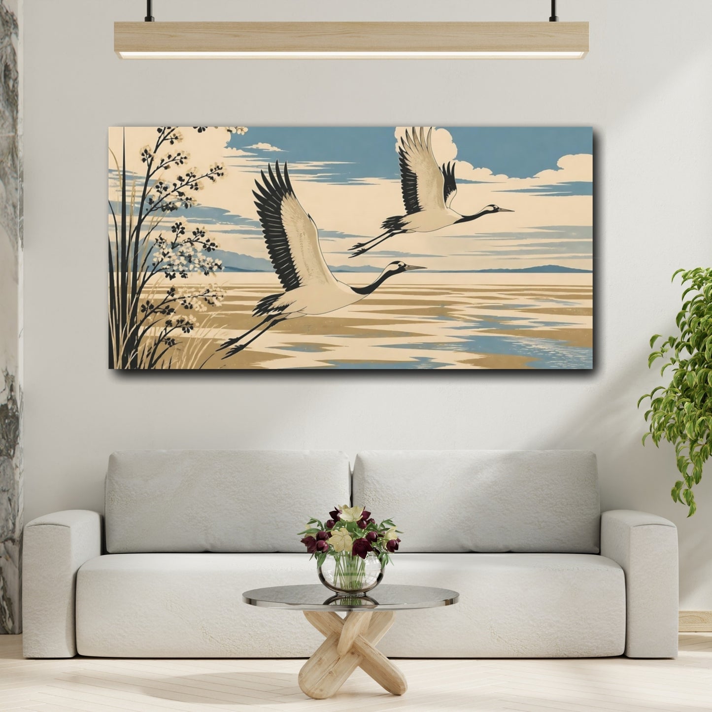 Mockup 2. Cranes Over Lake shown as canvas print