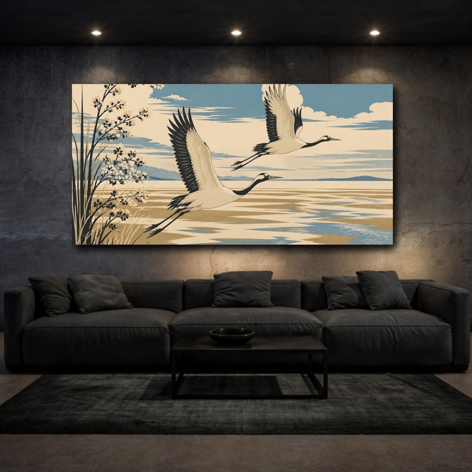 Mockup 3. Cranes Over Lake shown as canvas print