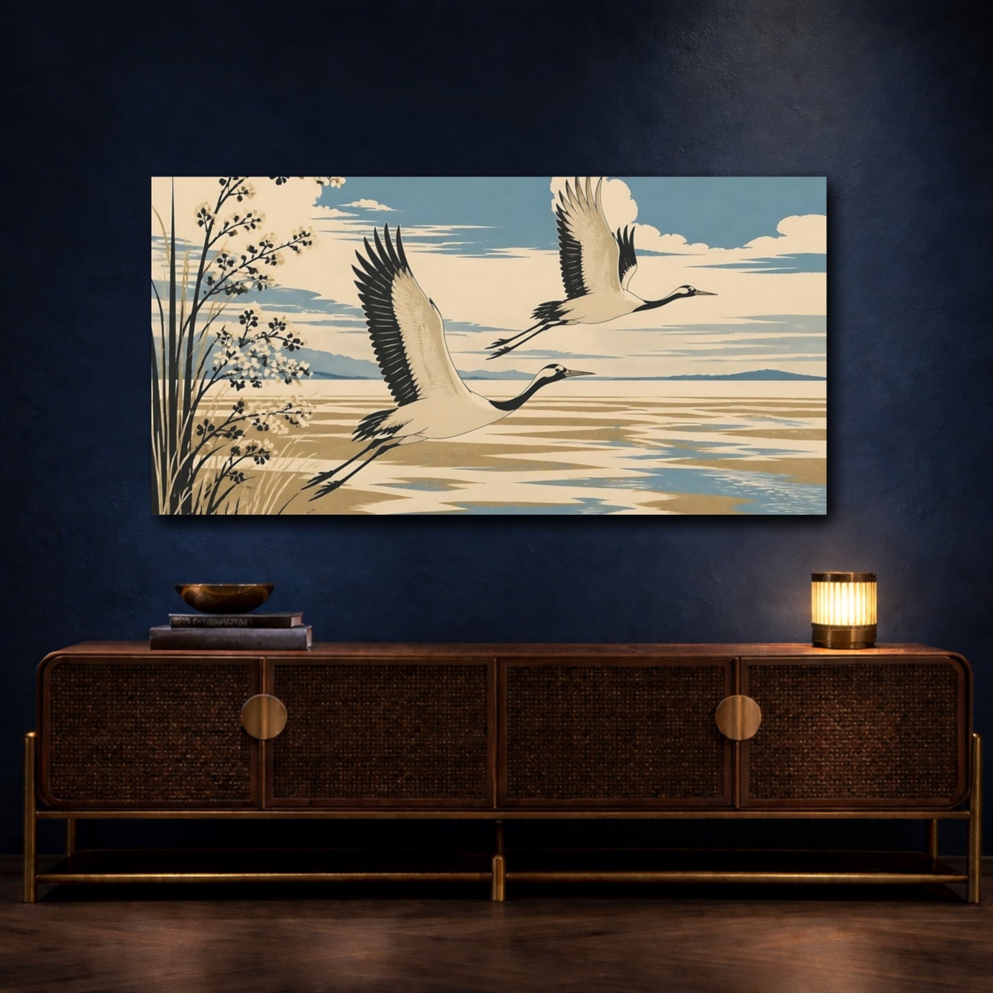 Mockup 4. Cranes Over Lake shown as canvas print