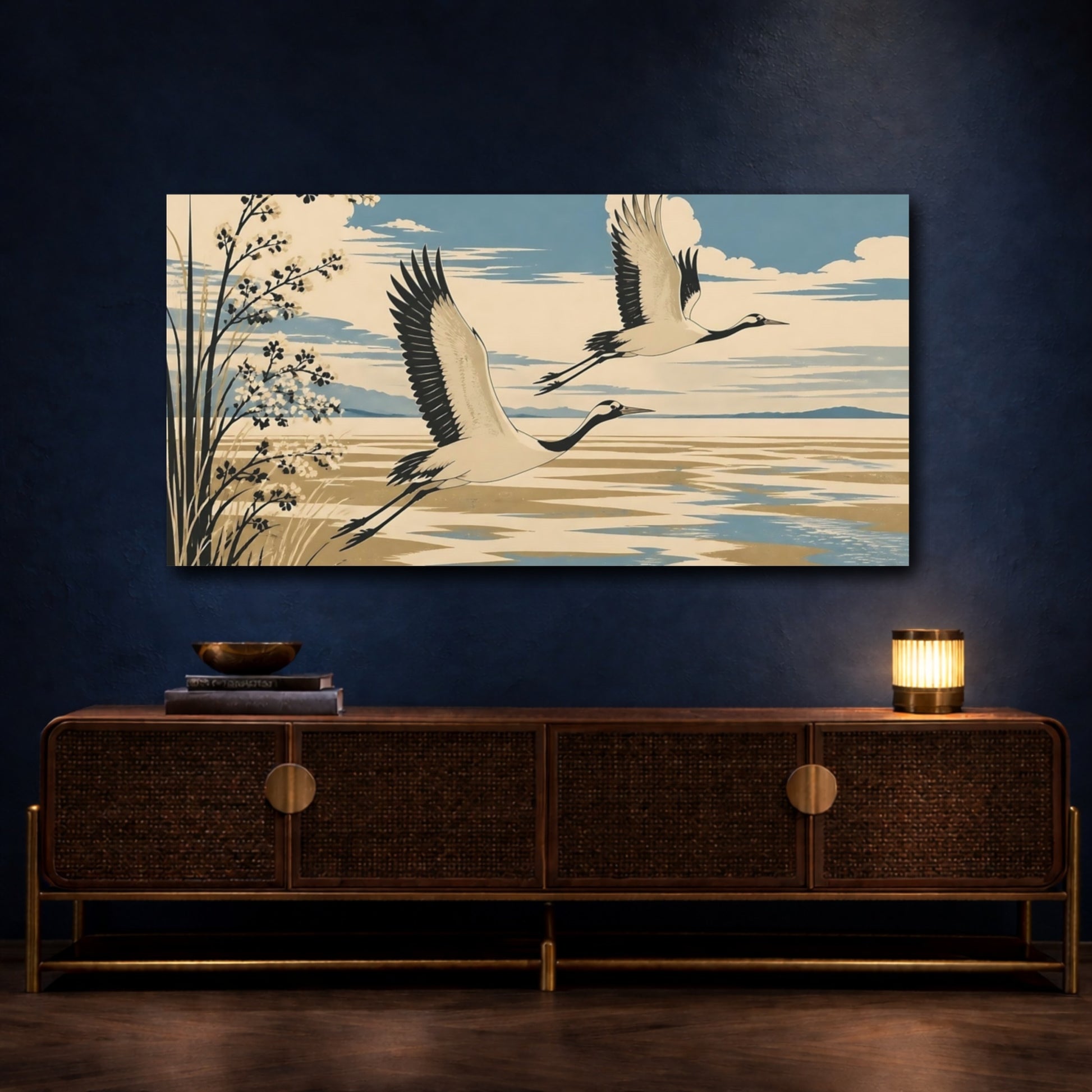 Mockup 4. Cranes Over Lake shown as canvas print