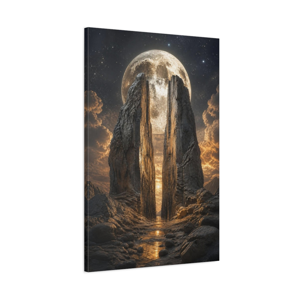 Main Mockup. Crater Moon Over Split Rocks shown as canvas print