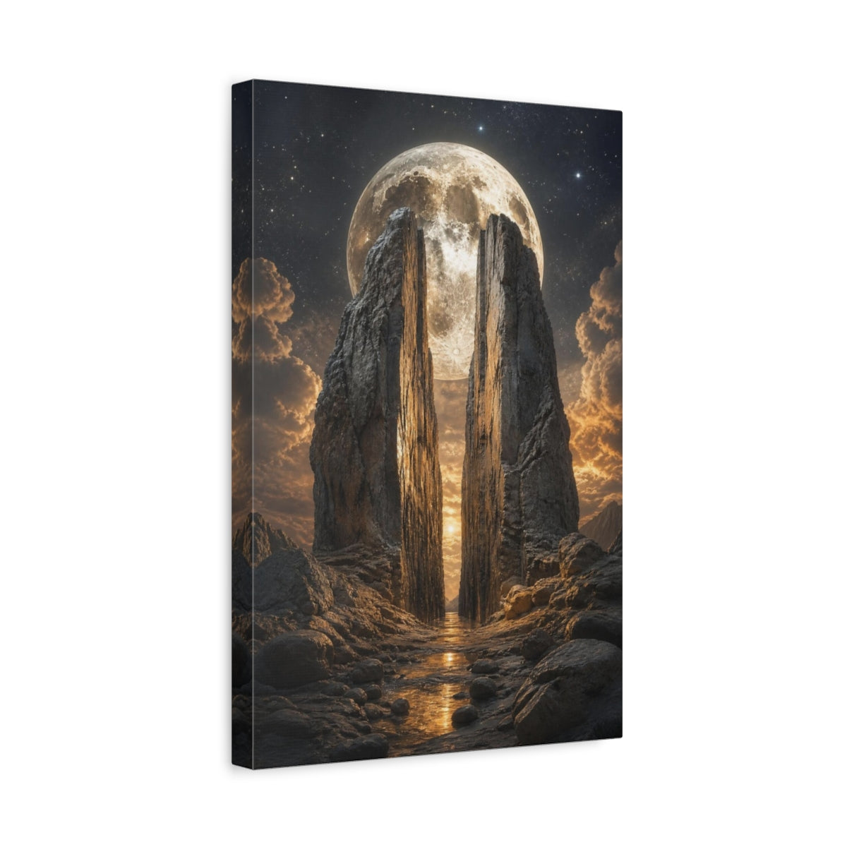 Side Mockup 4. Crater Moon Over Split Rocks shown as canvas print