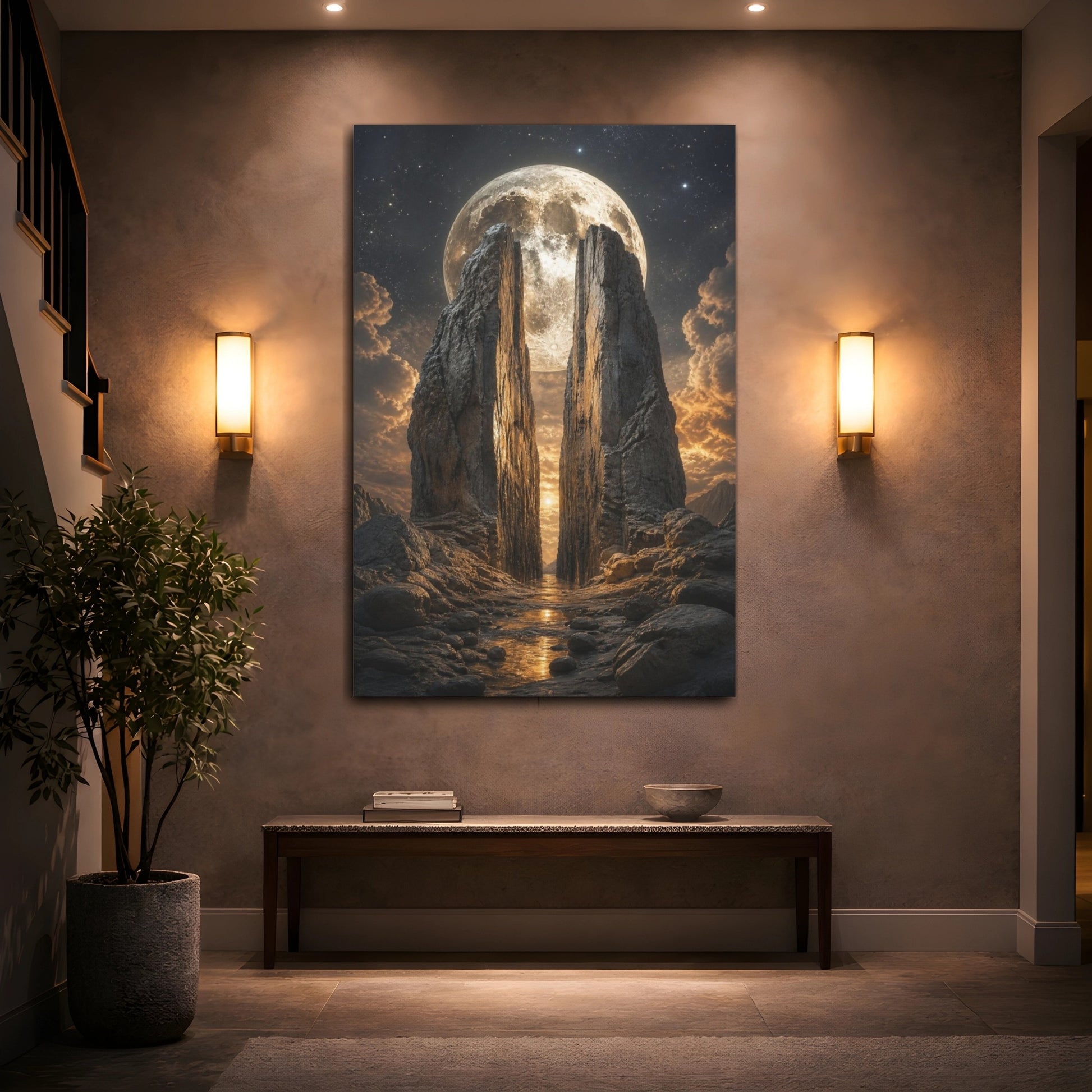 Mockup 2. Crater Moon Over Split Rocks shown as canvas print