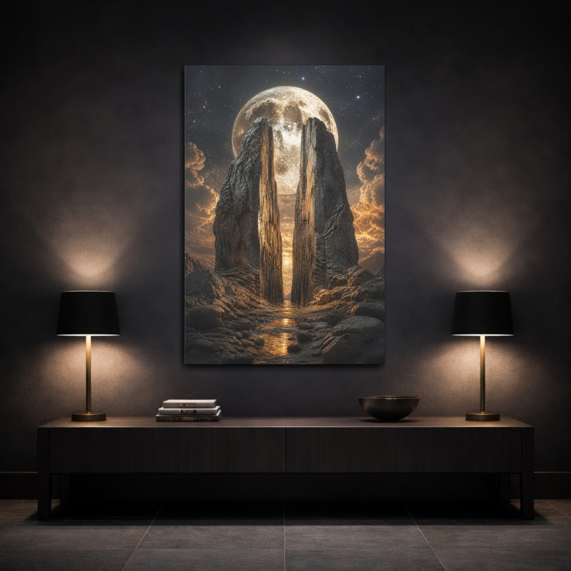 Mockup 3. Crater Moon Over Split Rocks shown as canvas print