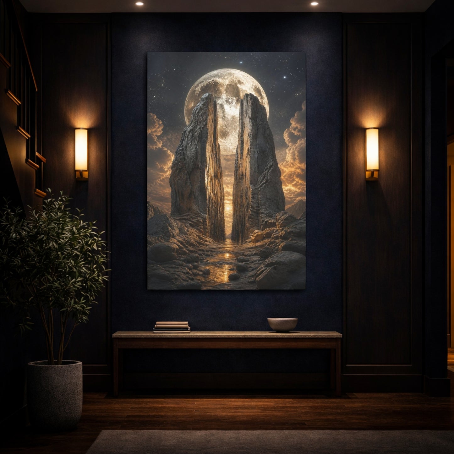 Mockup 4. Crater Moon Over Split Rocks shown as canvas print