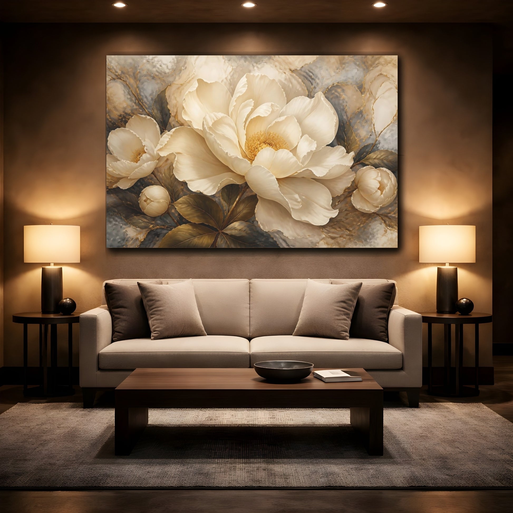 Mockup 2. Cream & Gold Peony shown as canvas print