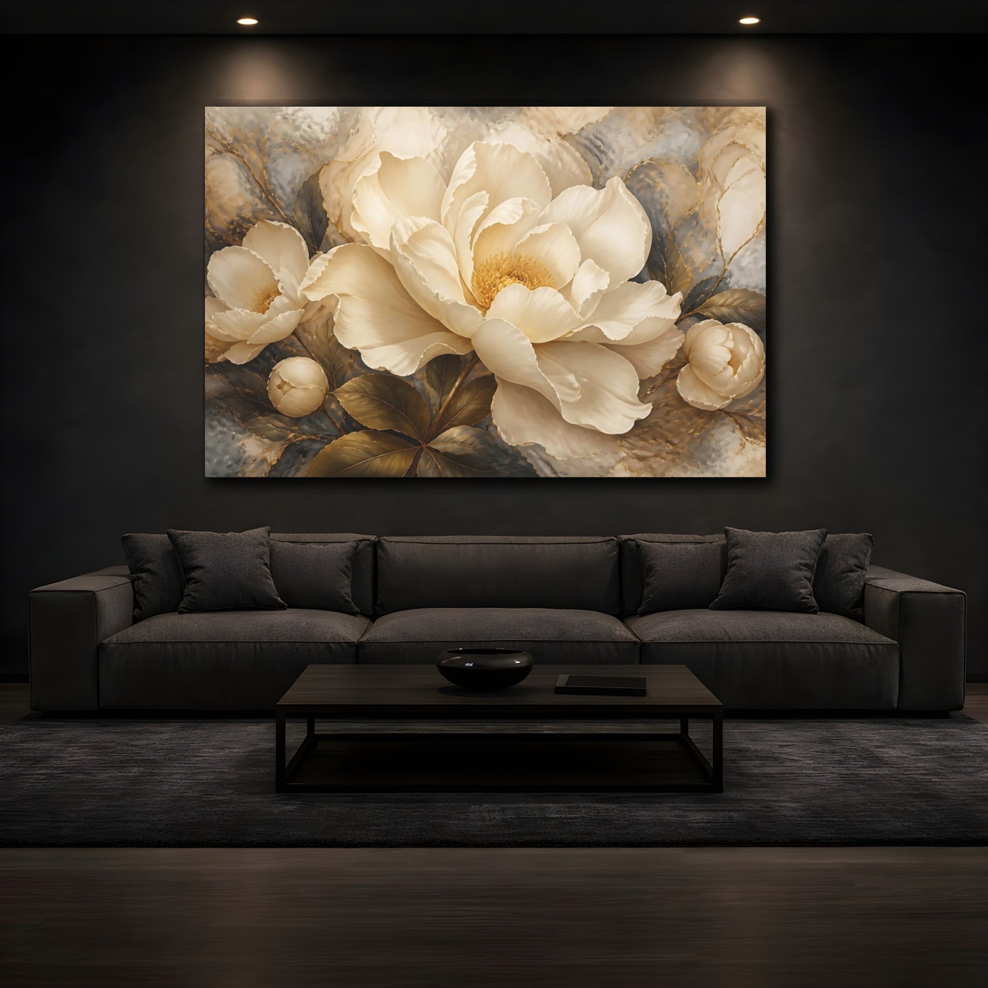 Mockup 3. Cream & Gold Peony shown as canvas print