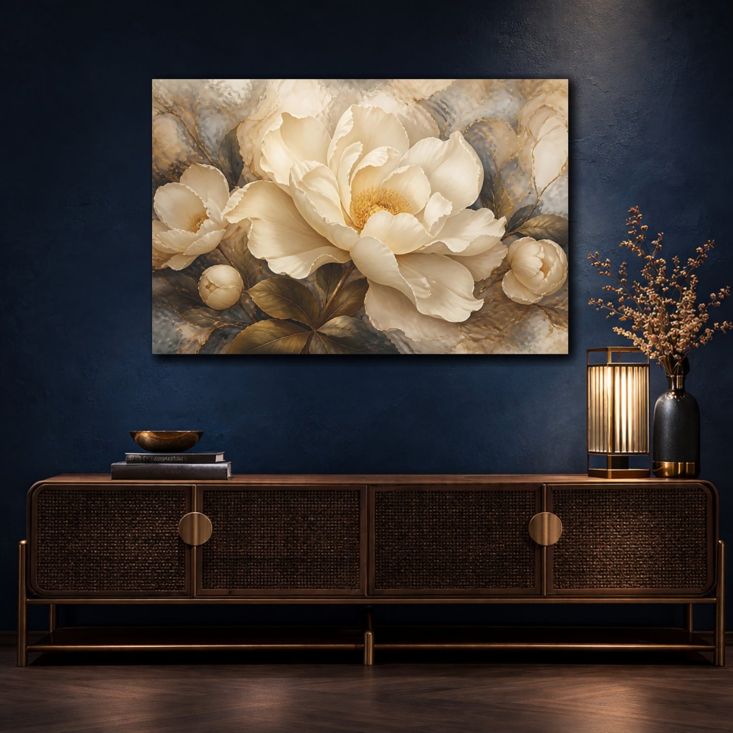 Mockup 4. Cream & Gold Peony shown as canvas print