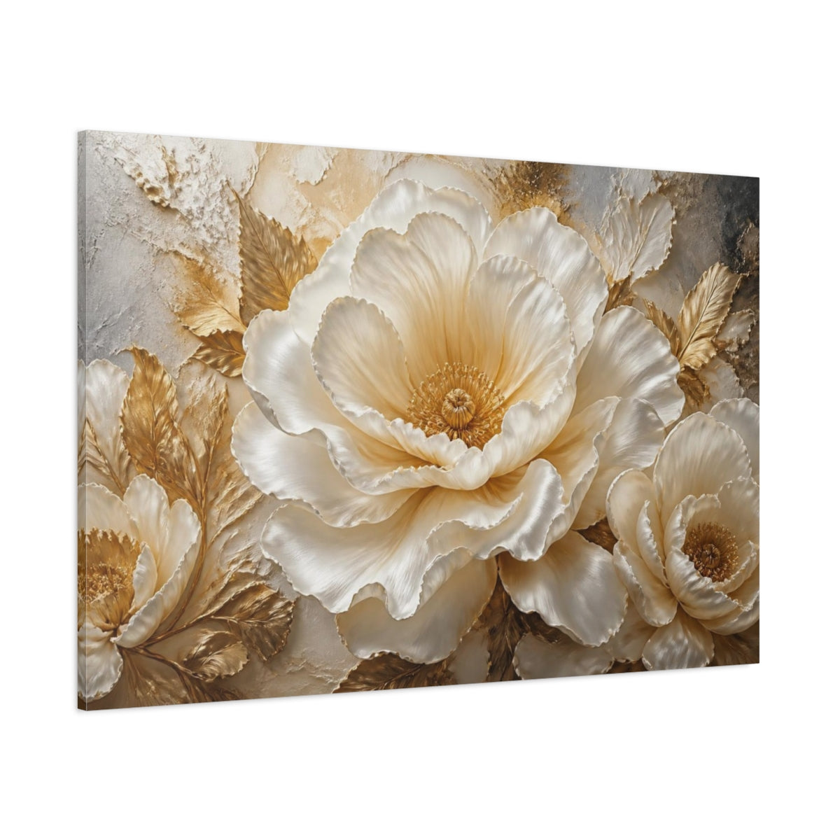 Side Mockup 1. Cream And Gold Peony shown as canvas print